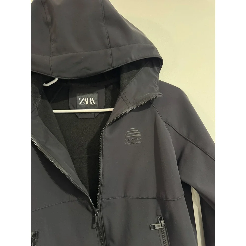 Zara Boys Black Hooded Raincoat Soft Shell Jacket 9 10 Fleece‎ Lined Techwear